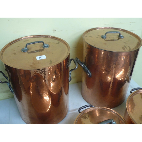 297 - Pair of tall Lagorsse Alain boiling pans - beaten copper with lids