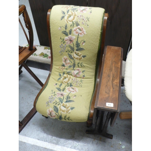 413 - Drop leaf table and a needle work upholstered nursing chair