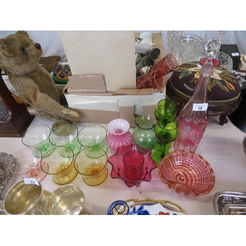 10 - Numerous coloured glass items including decanter