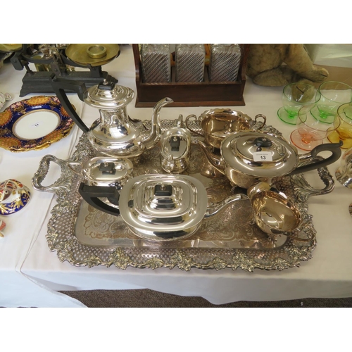 13 - A quality plated serving tray together with mostly Viner's tea and coffee pots