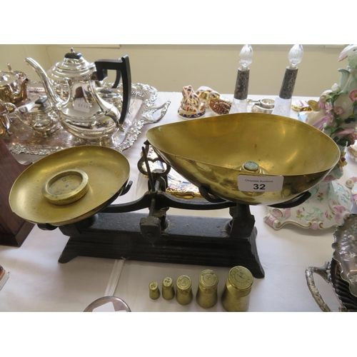 32 - Brass kitchen scales and weights