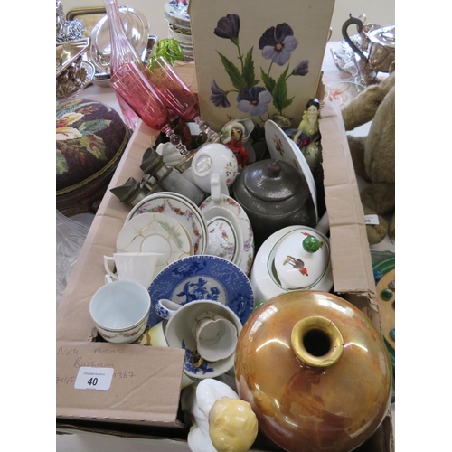 40 - A large box of assorted figures, glass, pewter, vases etc.