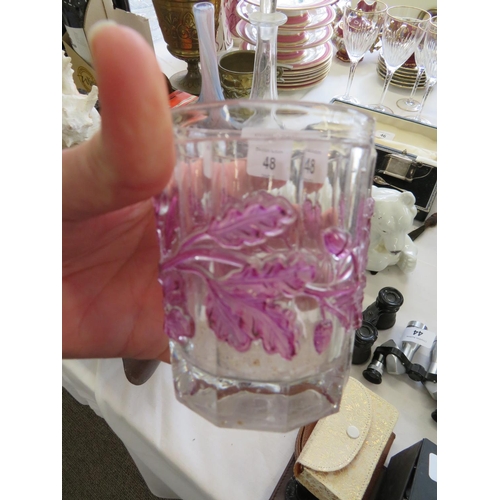 48 - A heavy cut glass storage jar with purple leaf decoration (missing lid)