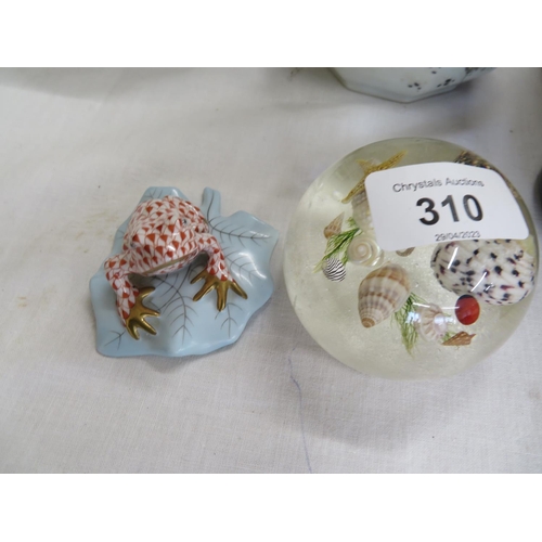 310 - A Herend frog on a Lily pad plus a sea creature paperweight