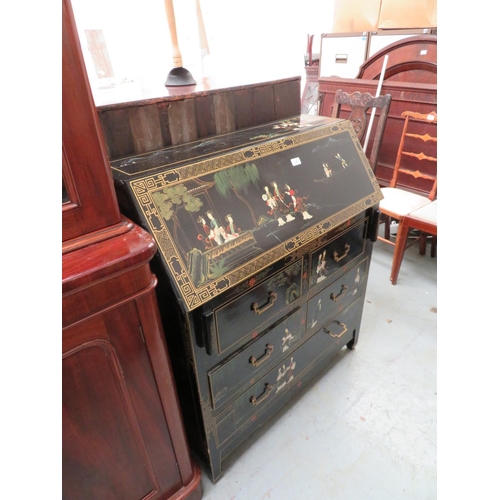 138 - Fall front bureau with Chinese decoration, with four short drawers and one long drawer