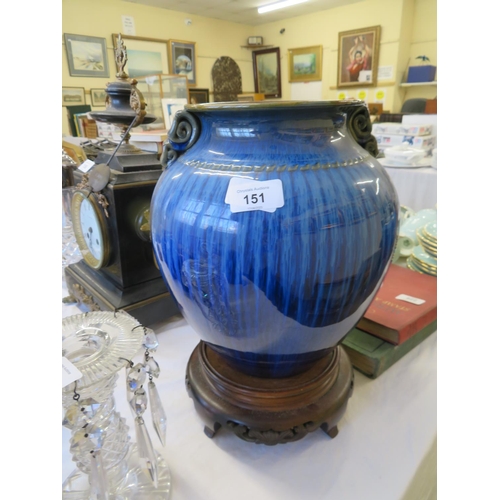 151 - Blue glazed Denby vase height 112 approx  together with carved wooden stand