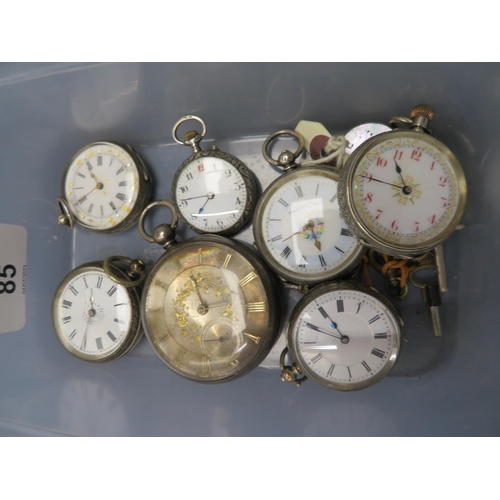 85 - Seven silver pocket watches and seven keys