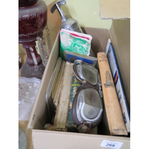 269 - Box of books (Manx noted) plus old fire extinguisher and a pair of drivers goggles