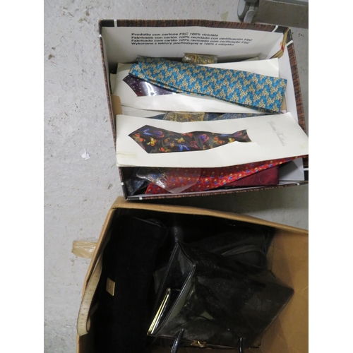 271 - Box of good quality gents ties many as new and many marked Liberty, plus a box of ladies handbags