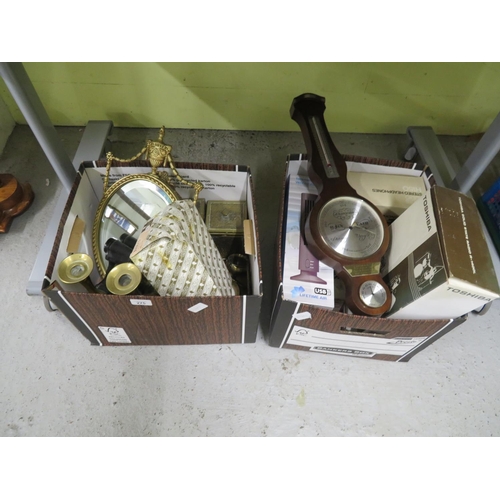 275 - Two boxes of brass items and electricals