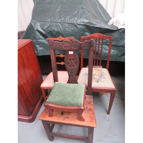 104 - Three assorted chairs, one with carving to back plus a small footstool