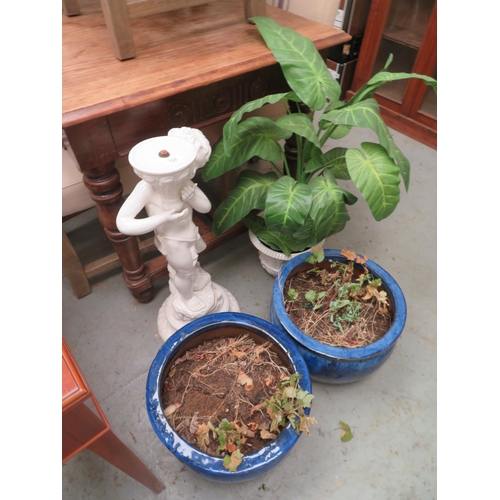 122 - Pair of blue ceramic garden pots plus a statue and an imitation plant