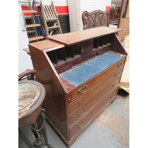 30 - Bureau with four long drawers, brass swing handles  (needs attention)