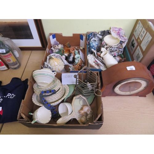 160 - Five boxes of crockery, ornaments, knick knacks, trinket boxes plus a mantel clock