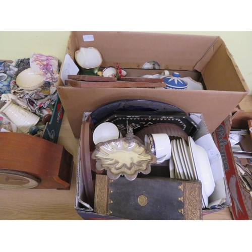 160 - Five boxes of crockery, ornaments, knick knacks, trinket boxes plus a mantel clock