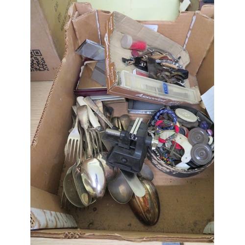161 - Box of wrist watch straps, buttons, old cutlery, compacts etc