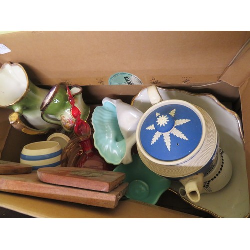 160 - Five boxes of crockery, ornaments, knick knacks, trinket boxes plus a mantel clock