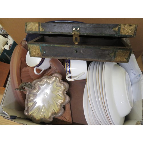 160 - Five boxes of crockery, ornaments, knick knacks, trinket boxes plus a mantel clock