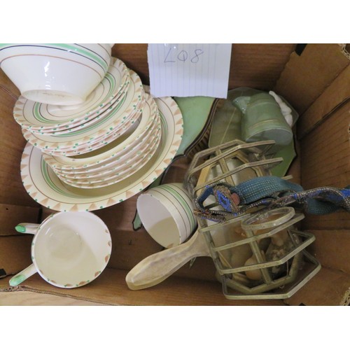 160 - Five boxes of crockery, ornaments, knick knacks, trinket boxes plus a mantel clock