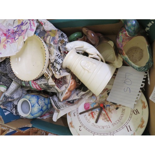 160 - Five boxes of crockery, ornaments, knick knacks, trinket boxes plus a mantel clock