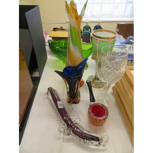 97 - Six pieces of glass ware goblets, pipe, gun and vases