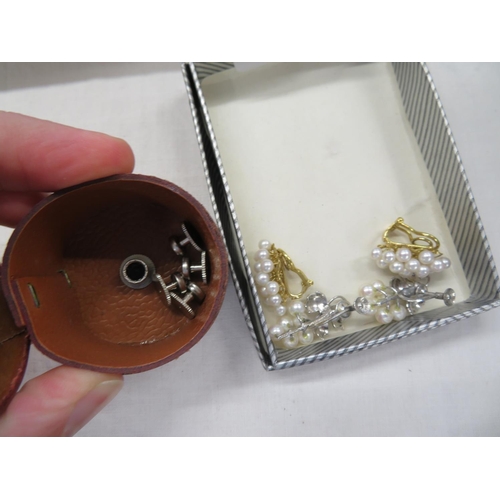 102 - Two pairs of pearl ear clips plus gentlemen's shirt studs