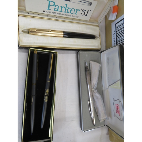 237 - A silver Cross ball pen plus Tynwald biros and a Parker 51 ink pen