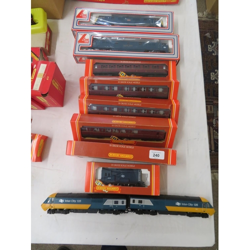 240 - A collection of two Lima diesel locomotives, five Hornby coaches, Hornby shunter, Intercity 125 Loco... 