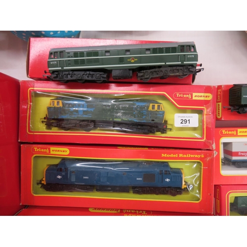 291 - A large collection of diesel locos, wagons, tankers, coaches mostly boxed