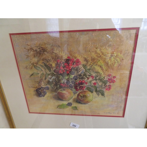 356 - S Wilby, Still Life Apples, Blackberries and Red Currants, pastel, 12 x 15 ins approx., signed