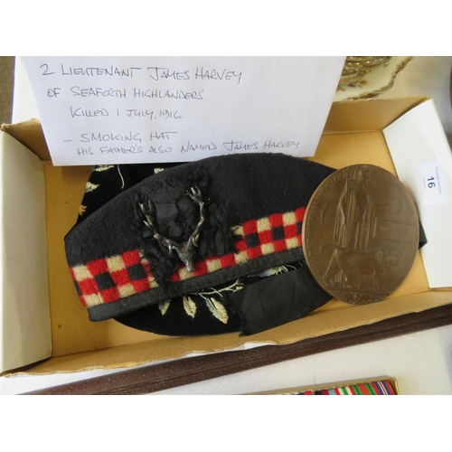 16 - The Death plaque and bonnet for 2nd Lieut. James Harvey of the Seaforth Highlanders killed in action... 