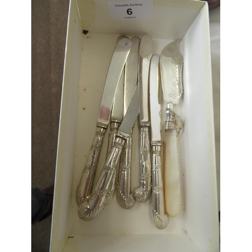 6 - Silver butter knife with MOP handle plus other silver butter knives