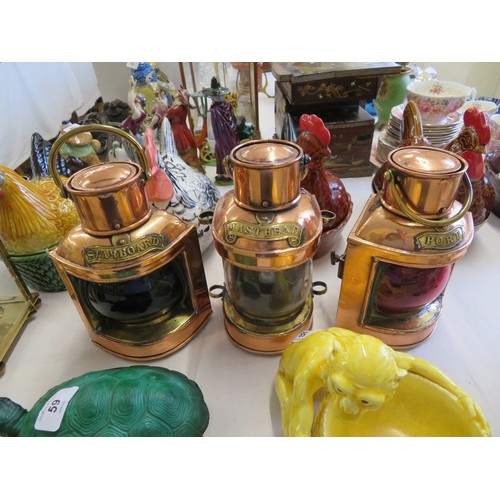 57 - Three copper ships lights - port, starboard and masthead