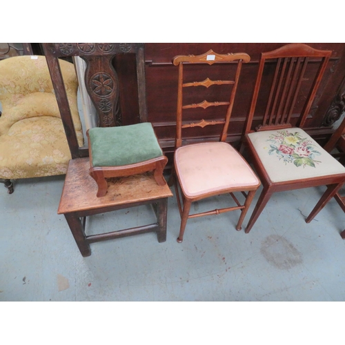 111 - Three assorted chairs, one with carving to back plus a small footstool