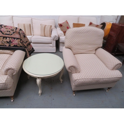 116 - Two seater settee plus matching chair in cream and gold upholstery plus a circular glass top table