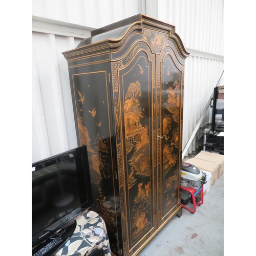 159 - Oriental design black and gold lacquered bedroom suite comprising bed frame, mattress and topper, ch... 