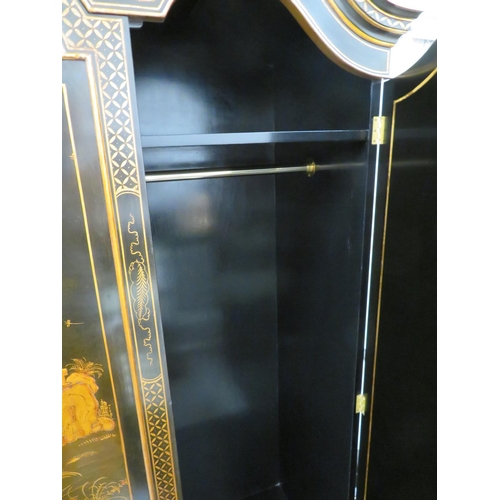 159 - Oriental design black and gold lacquered bedroom suite comprising bed frame, mattress and topper, ch... 