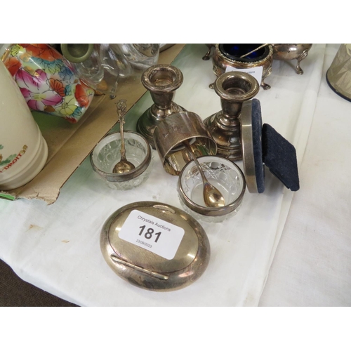 181 - A small collection of silver items including salts, candlesticks, picture frame etc