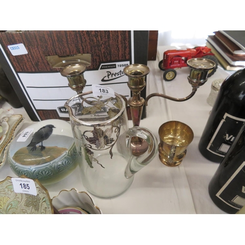 183 - A silver three branch candelabra, a small silver tankard and a glass jug with silver overlay