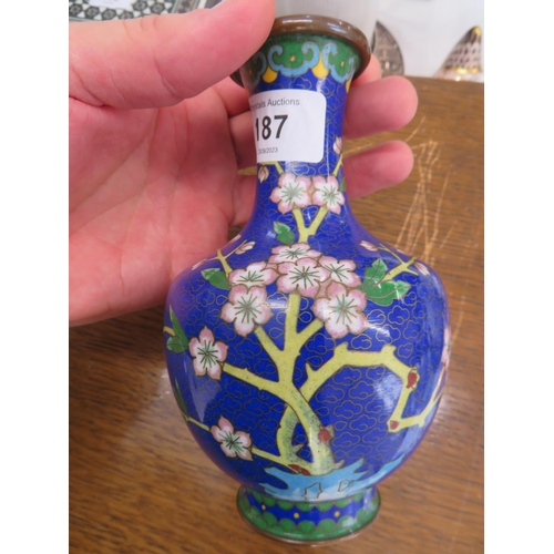 187 - A Japanese closionne trumpet shaped vase with floral decoration - ht. 6 ins