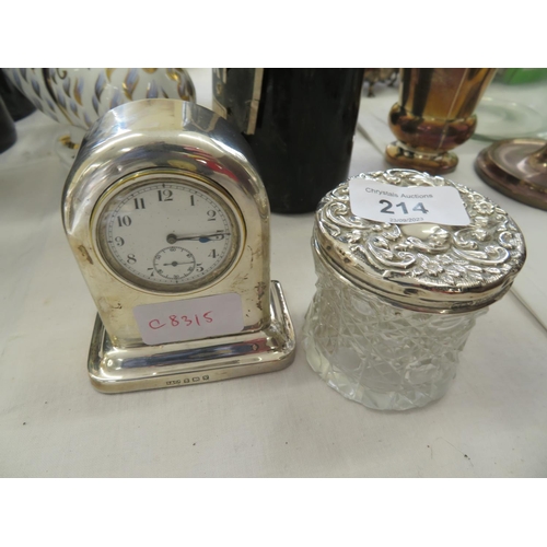 214 - Silver desk clock together with silver topped cut glass box