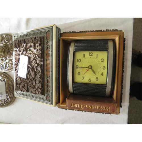 225 - Well carved and inlayed trinket box with travel clock and miniature copy of Romeo and Juliet