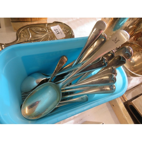 230 - Set of silver spoons (serving spoons, teaspoons forks), engraved with the letter M, approx 35ozt. Sh... 