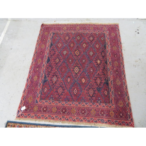 344 - Carpet geometric design in mostly red and dark blue wools 56