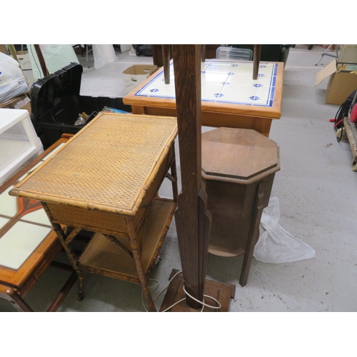 318 - Collection including Art Deco standard lamp, sewing box and a bamboo occasional table with lift up l... 