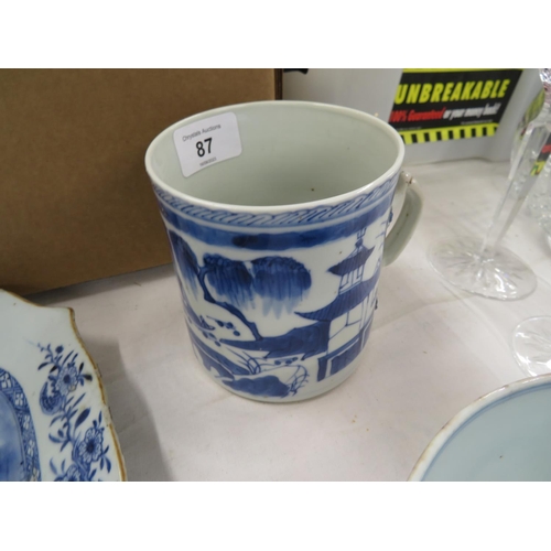 367 - Antique Chinese blue and white pint tankard with decoration of lakeland landscape