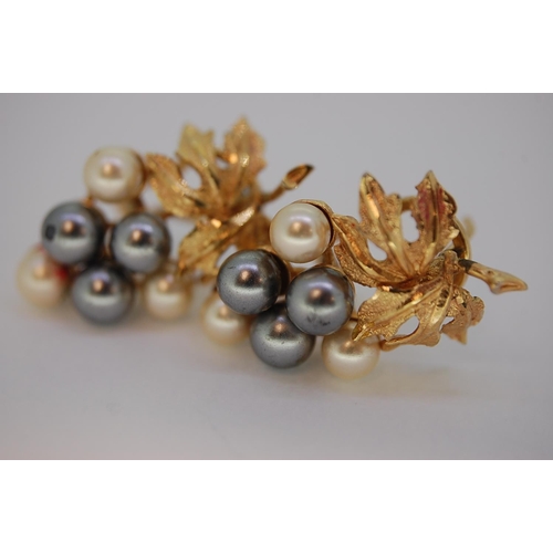 245 - Pair of gold metal, Tahitian Pearl earrings in the form of grapes and leaves