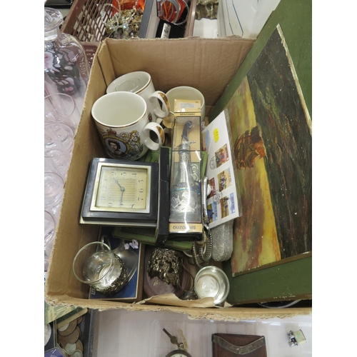 361 - Box of nicnacks, small clock, coronation ware, odds etc