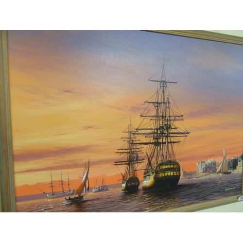 502 - Ivan Berryman, The Vanguard and Majestic moored near the entrance of a port, oil on canvas, signed, ... 