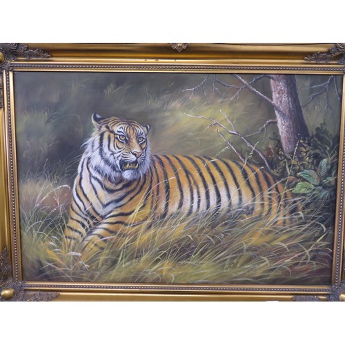 501 - Oil Painting of a tiger in the bush, signed, 24x36